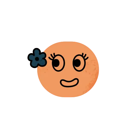 personnage orange qui regarde sur le côté qui sourit avec une fleur sur le côté de la tête